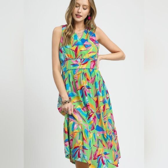 Umgee Ruffled Hem Printed Sleeveless Midi Dress Colorful Funz Small - Picture 6 of 6